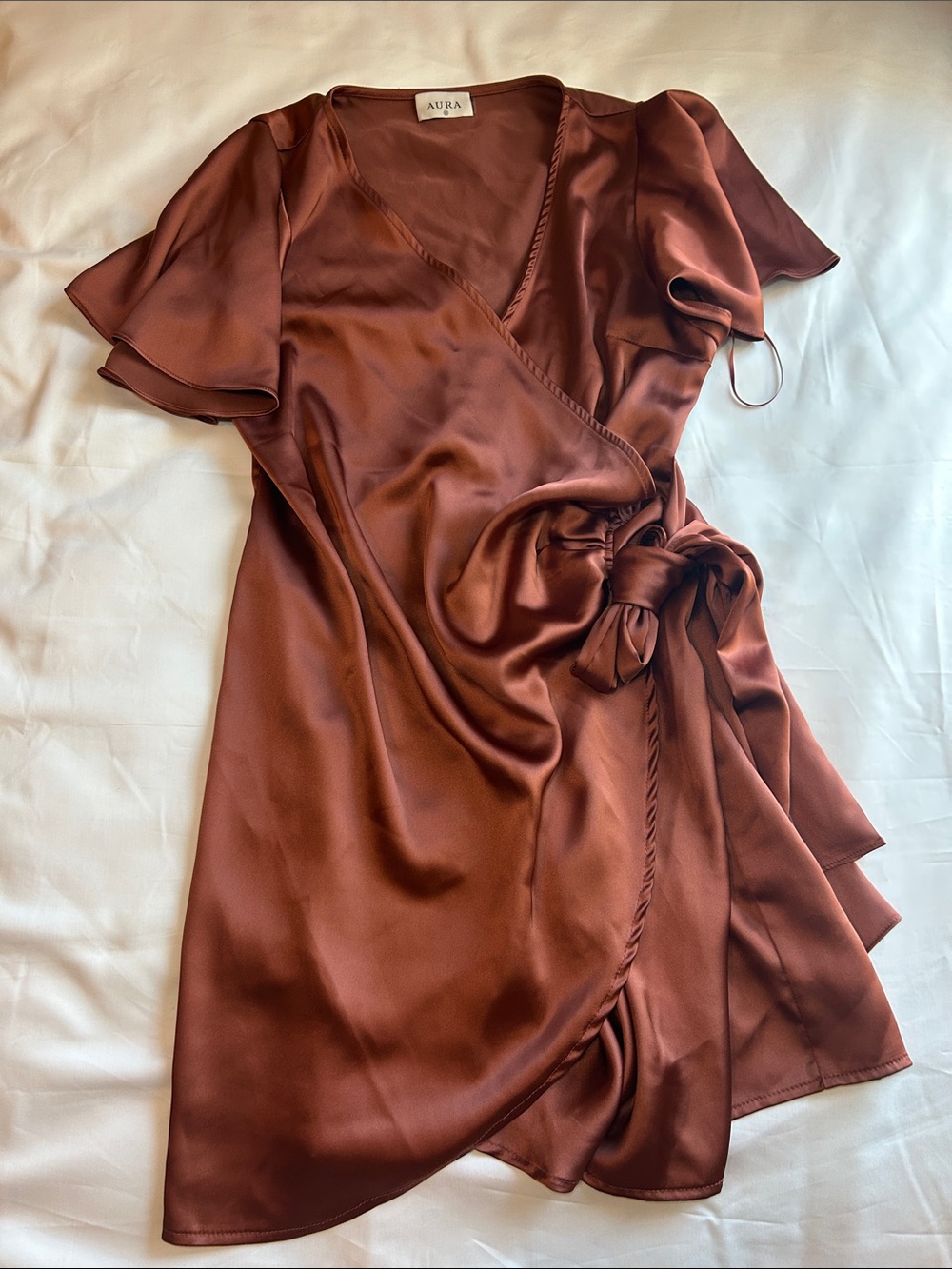 Aura Rust Satin Wrap Dress with Tie